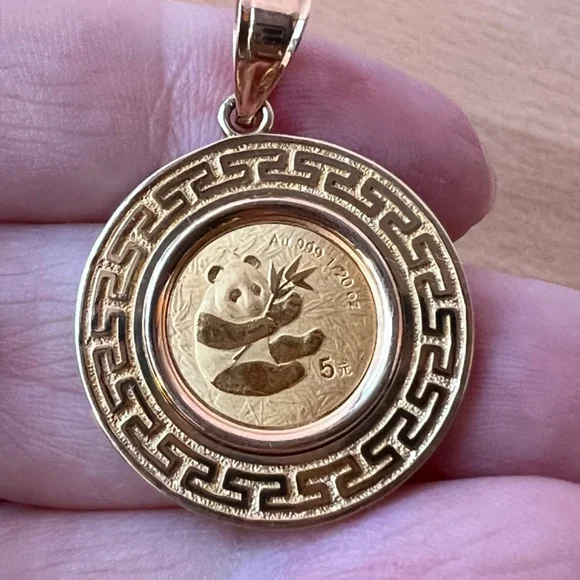 14K BEZEL SET PENDANT PANDA COIN 2000 1/20oz 5 YUAN FROSTED .999 FINE GOLD